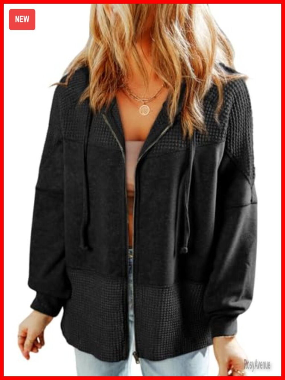 Waffle Knit Zip Up Drawstring Hoodie Lightweight Long Sleeve with Pockets